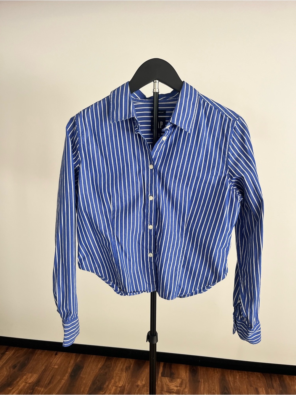 GAP Blue and White Striped Fitted Cropped Shirt